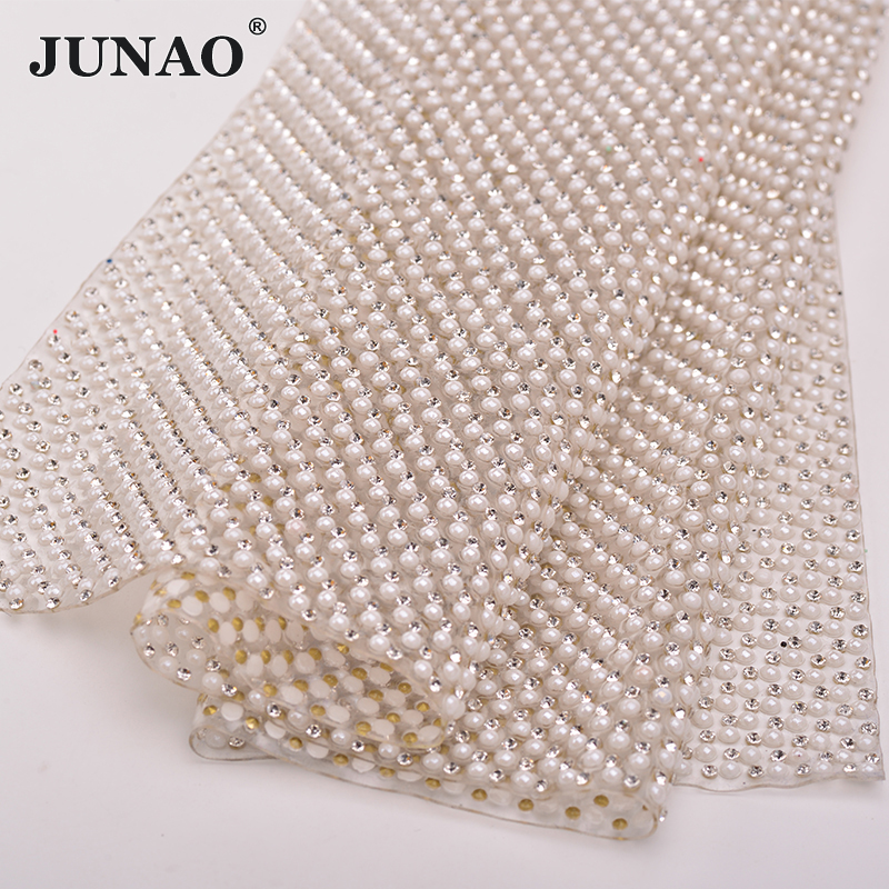 Crystal Mesh Fabric - JUNAO 24*40cm Hotfix Pearl Rhinestones Trim